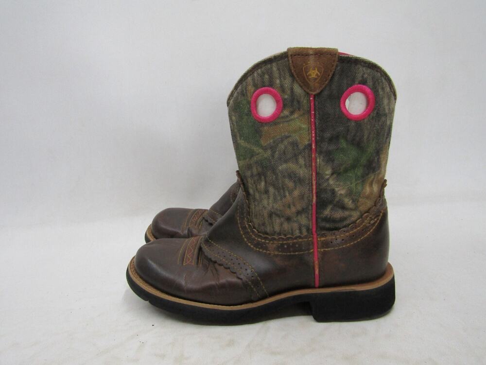 Ariat Youth Size 3 D Brown Pink Camo Leather Stockman Cowboy Western Boots
